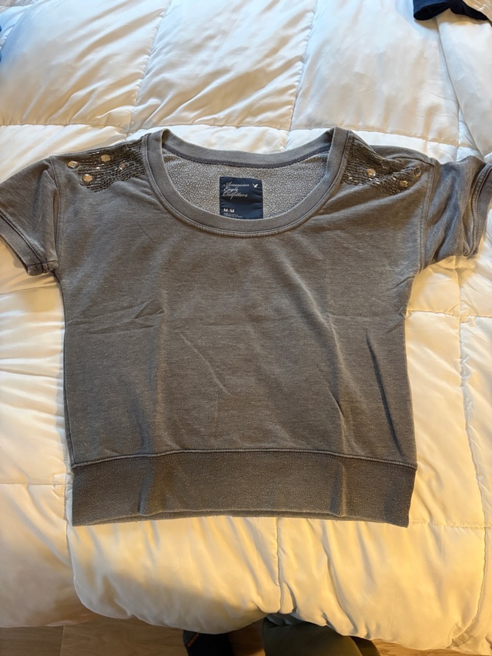 A.E Gray Scoop Neck Short Sleeve Top with Sequin Shoulder Detail